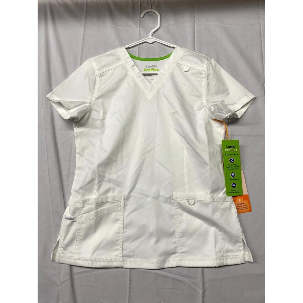 Landau ProFlex Scrub Top Womens XS/M White V Neck Modern Fit 3 Pockets Medical